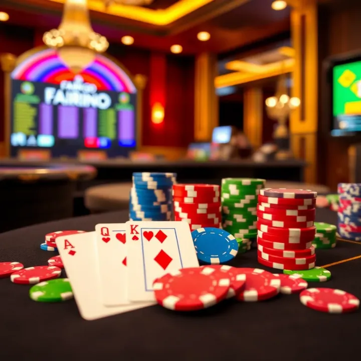 Colorful casino chips and playing cards arranged on a gaming table