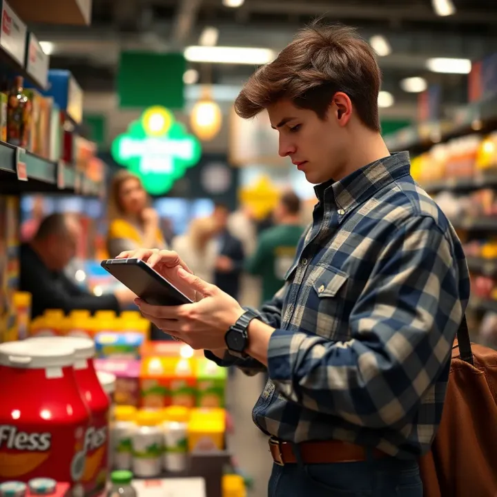 Illustration of a shopper comparing prices and offers on a digital tablet with a background of diverse products