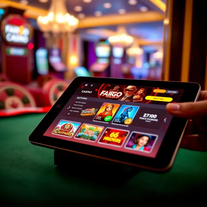 Tablet showing Fair Go Casino app interface with game options and navigation menu