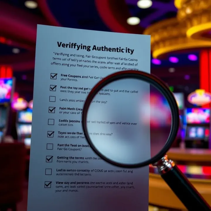 Verifying Authenticity and Terms of Fair Go Casino Coupon Codes Graphic showing a checklist and a magnifying glass highlighting terms and authenticity of casino coupon offers