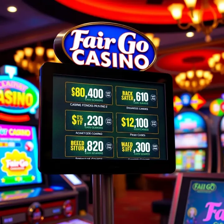 Fair Go Casino Promotional Coupon Codes Display Illustration of a casino screen displaying various promotional coupon codes for players