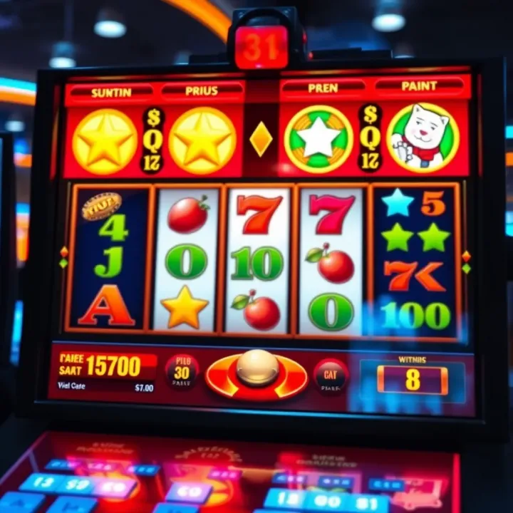 Digital interface displaying an online pokies game with vibrant symbols and interactive features