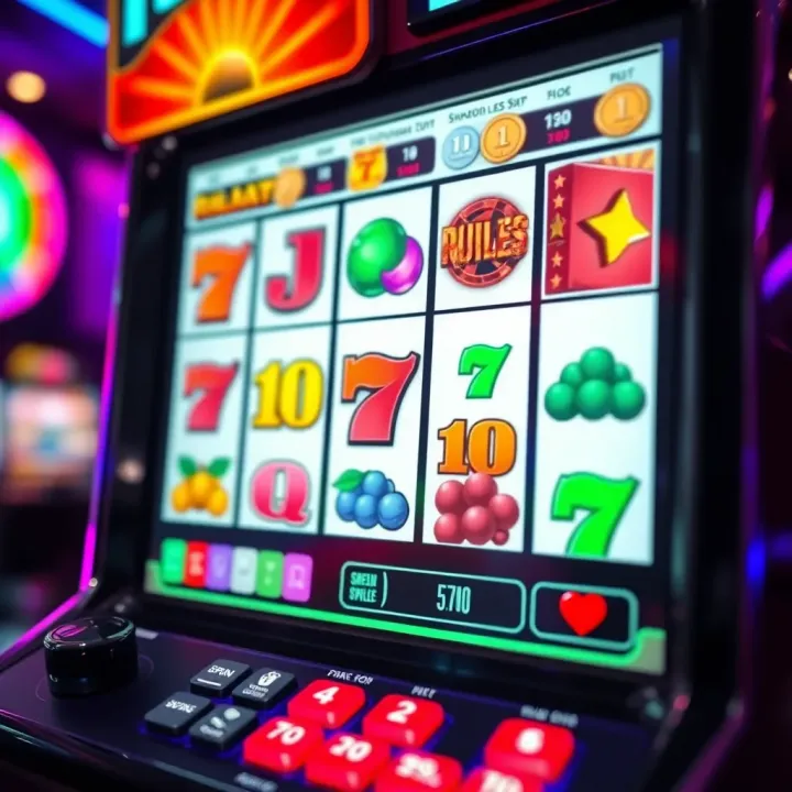 Colorful online pokies interface with reels showing various symbols and a prominent spin button
