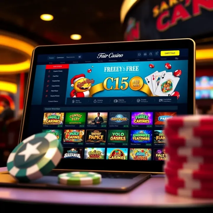 Online casino interface showcasing free chip offers and game selection