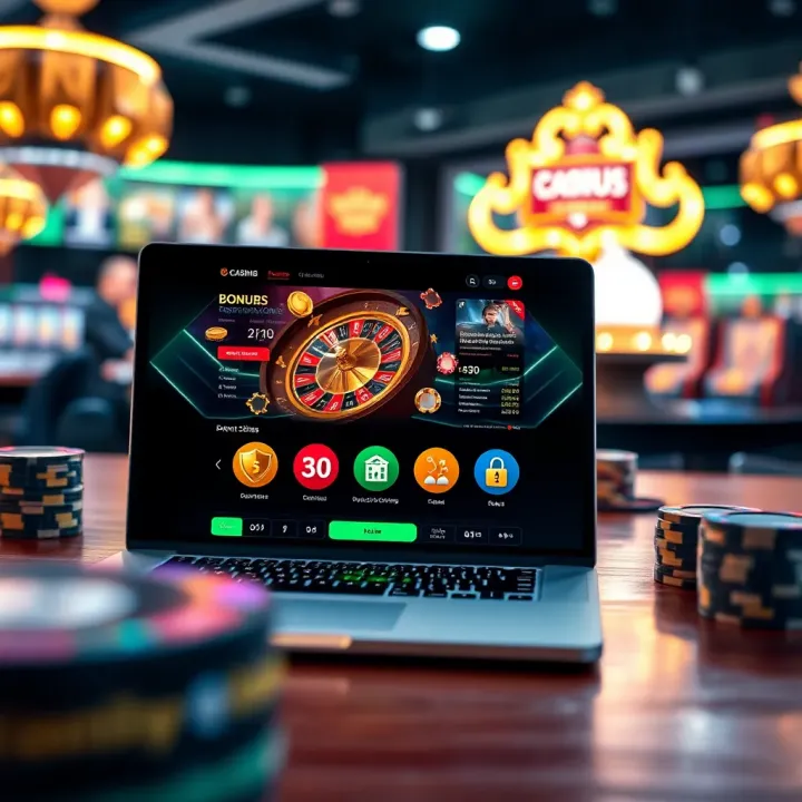 Illustration of a secure online casino platform on a laptop with bonus offers and budget management icons
