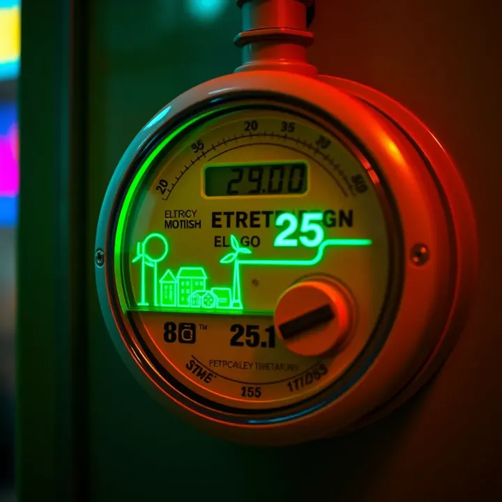 Electric meter with green energy icons representing renewable power and cost savings
