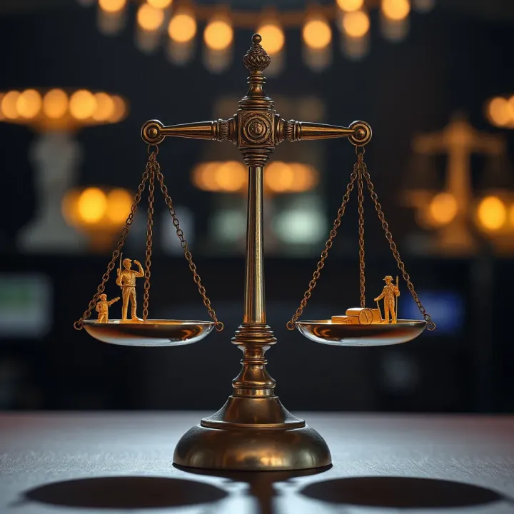 Conceptual graphic showing scales of justice balanced with symbols of work, politics, and social policy