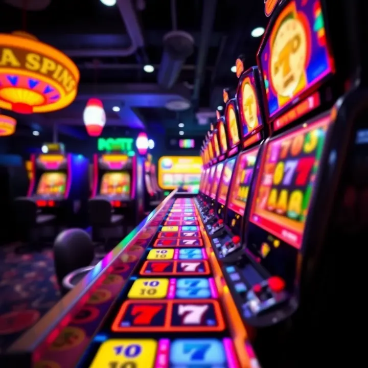 Bright casino slot machine with spinning reels and colorful symbols