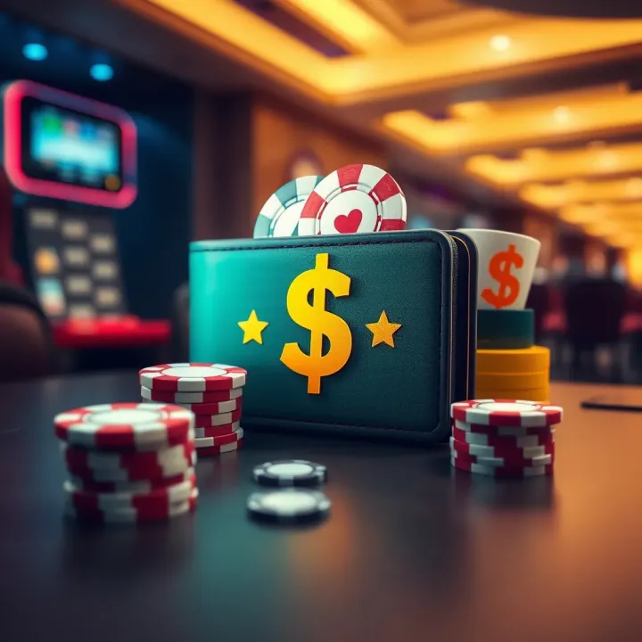 Visualizing Deposit Bonus Bets in Online Gambling Illustration of a digital wallet with casino chips and dollar signs representing deposit bonuses in online gambling