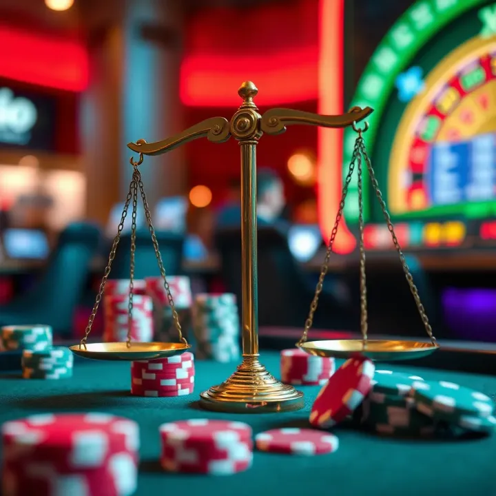 Illustration of ethical gambling with a balanced scale and casino elements representing fair play and legal compliance
