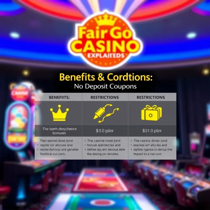 Overview of Benefits and Conditions for Fair Go Casino No Deposit Coupons Graphic showing benefits and restrictions of casino bonuses with icons and text