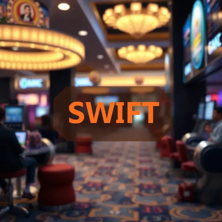 Graphic depicting a bank transfer with a SWIFT code connecting international banks