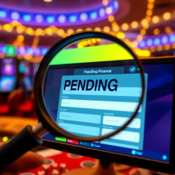 Illustration of a digital loan application form being reviewed on a screen with a magnifying glass highlighting the pending status