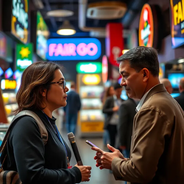 A television reporter interviewing a local business owner in New Zealand