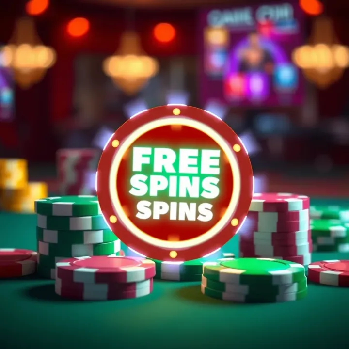 Casino Chips and Promotional Badge Representing Free Spin Offers at Fair Go Casino Illustration of casino chips and a glowing promotional badge symbolizing free spin offers