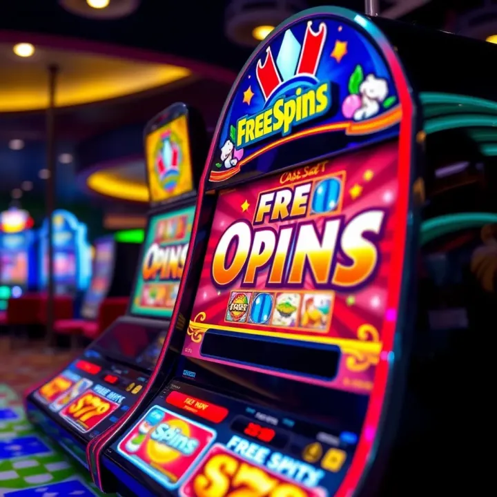 Colorful casino slot machine displaying free spins offer on screen