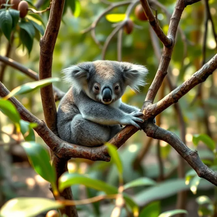 Koala resting on a eucalyptus branch in a natural Australian forest