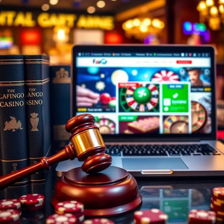Overview of Australian Gambling Regulations for Online Casinos Illustration of Australian gambling laws represented by legal books and a gavel beside a laptop displaying an online casino website