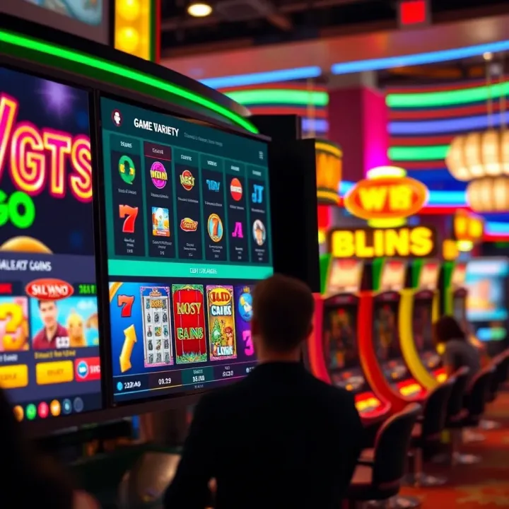 A colorful online casino interface showing a variety of slot games and betting options