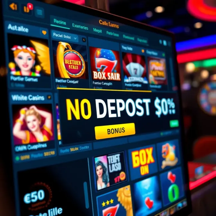 Digital casino interface displaying various slot games with a highlighted no deposit bonus offer