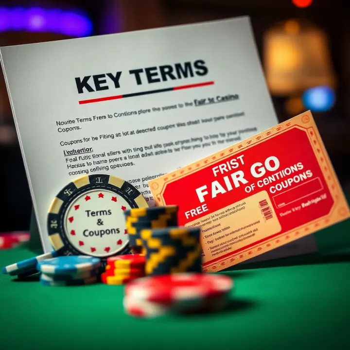 Visual representation of terms and conditions document beside a casino chip and promotional voucher