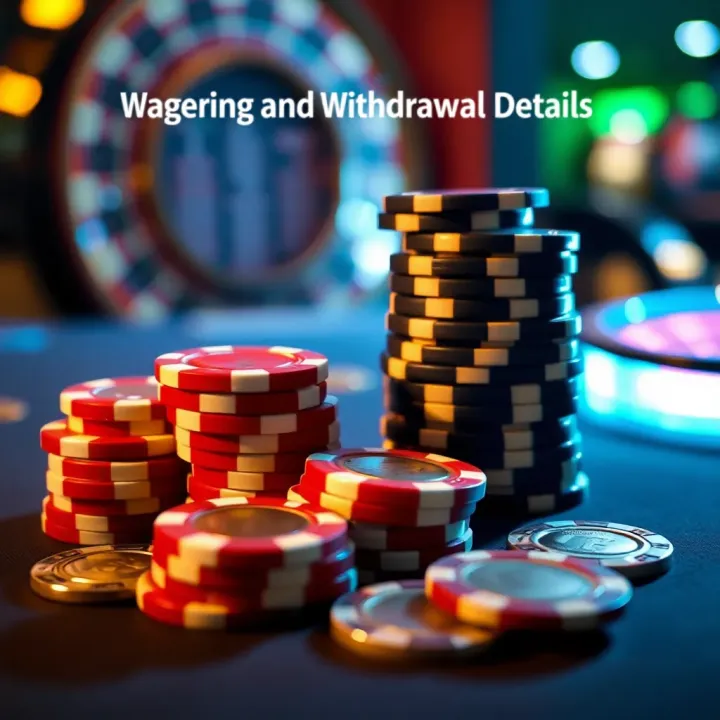 Wagering and Withdrawal Details for Fair Go Casino Offer Visual representation of wagering requirements and withdrawal conditions with casino chips and coins