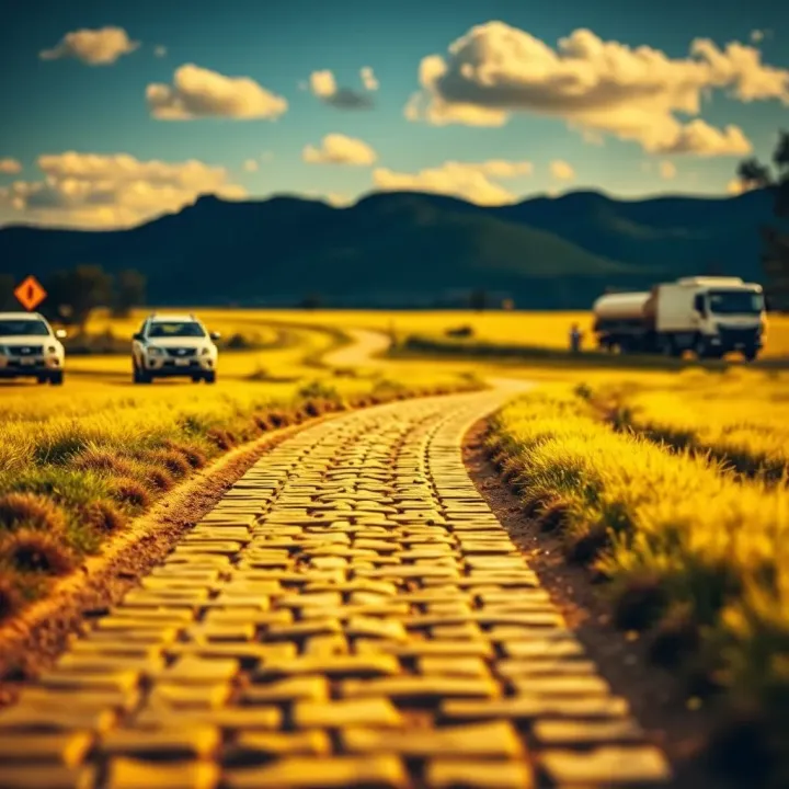 A winding yellow brick road leading through an Australian landscape symbolizing opportunity and hope